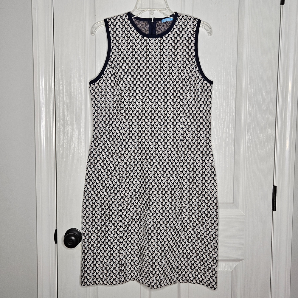 J. McLaughlin Textured Knit Sleeveless Shift Dress Size L Navy Geometric Stretch